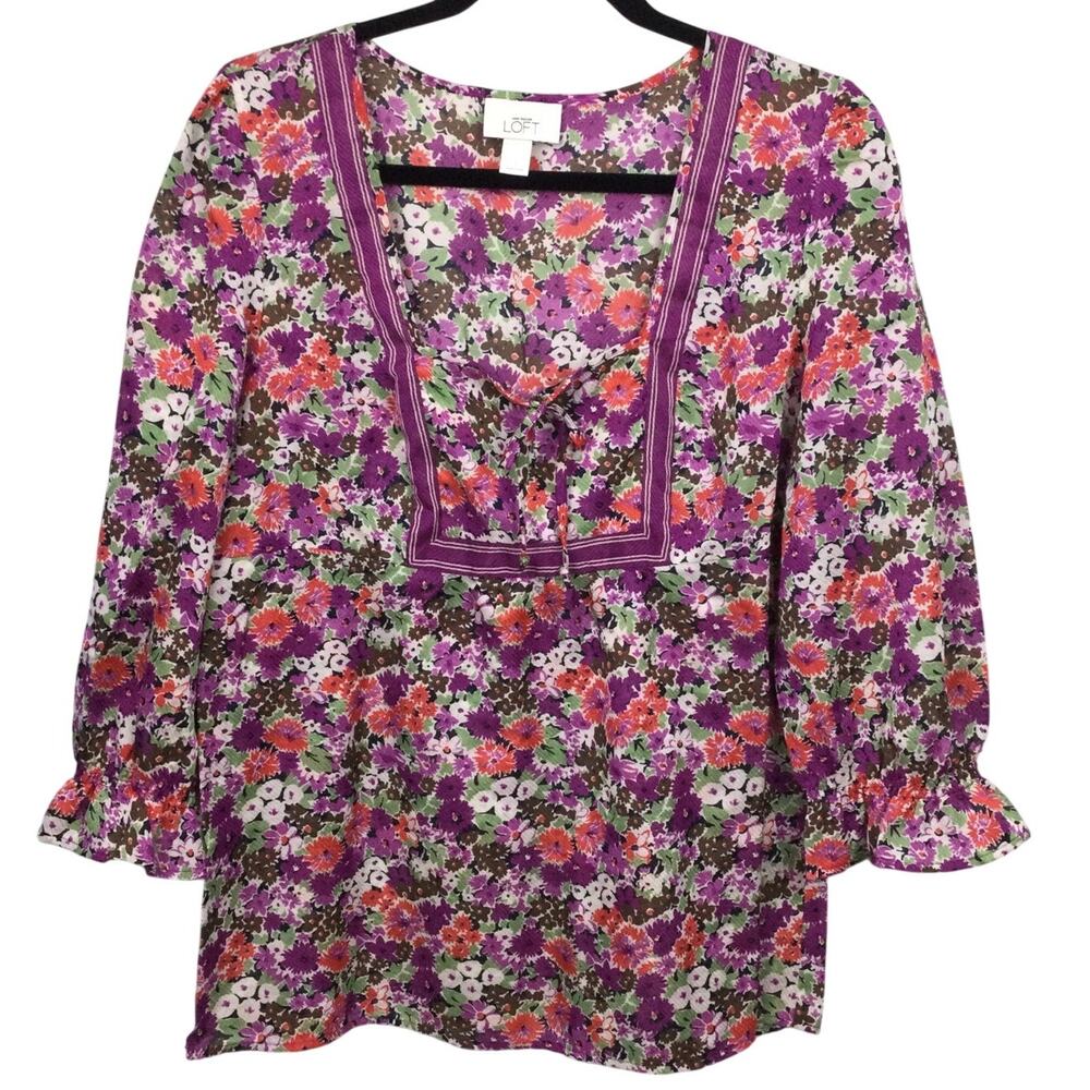 Ann Taylor Loft Cottagecore Floral Prairie Feminine Semi-sheer Puff Sleeve Top L